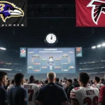 Ravens and Falcons players crowd a hallway with banners and a screen showing playoff standings