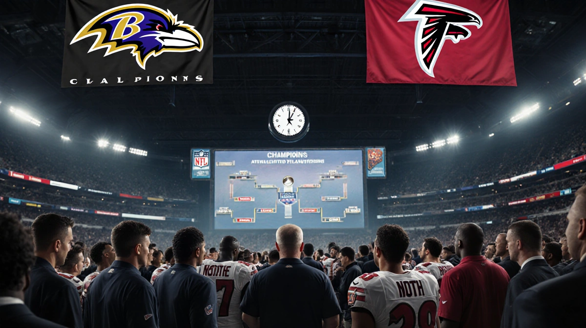 Ravens and Falcons players crowd a hallway with banners and a screen showing playoff standings