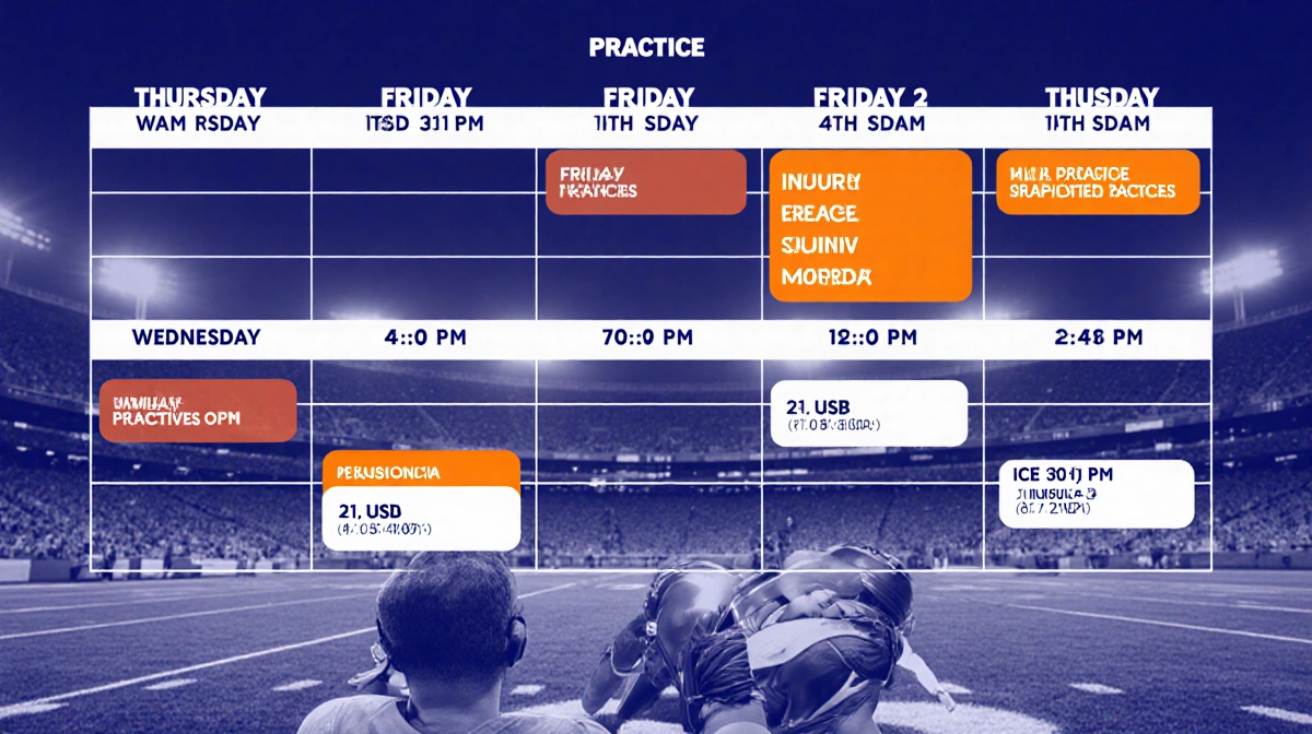 Football practice schedule layout shows Thursday and Friday highlighted in bold and injured players on sidelines.