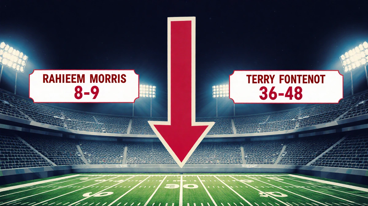 Stadium seating chart splits into two sections with Raheem Morris record 8-9 and Terry Fontenot 36-48 and downward arrows.