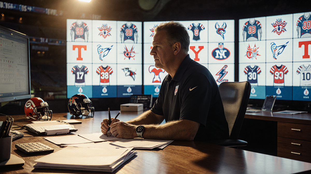 Coach studying playbook at wooden desk with warm golden light and NFL logo screen in dim football stadium.