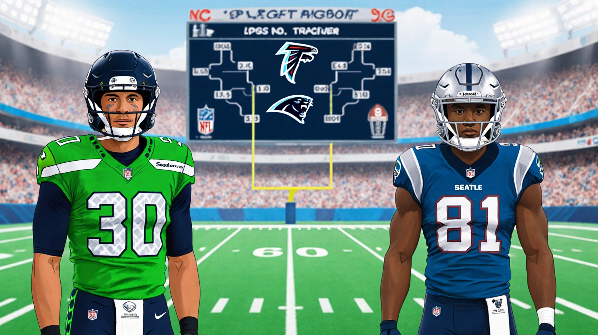 Seahawks and Panthers stand on opposite sides of a stadium with a scoreboard showing the 49ers loss in the background