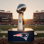 Lombardi Trophy on a pedestal with sunset warm light illuminating stadium seats and reflections