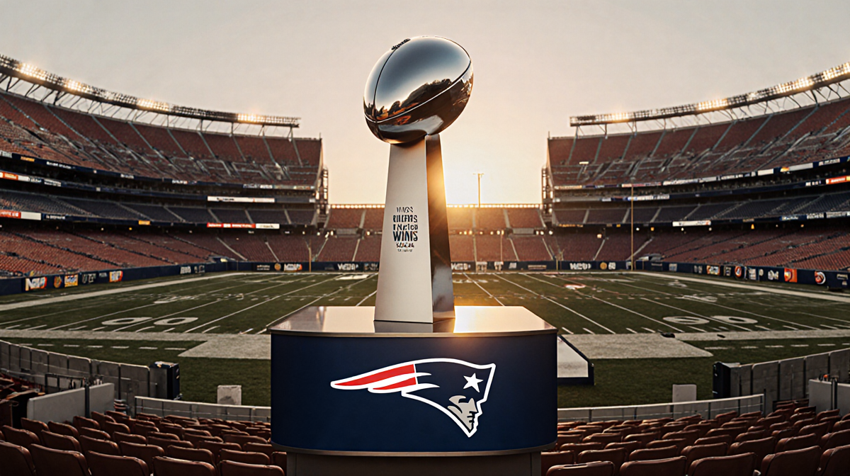 Lombardi Trophy on a pedestal with sunset warm light illuminating stadium seats and reflections
