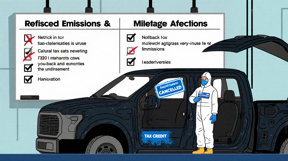 Factory worker in hazmat suit stands beside cancelled electric F-150 with removed tax credit badge and revised emissions rule