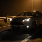 Deer standing near a Ford Focus parked on Egg Harbor Road with a broken vinyl fence.