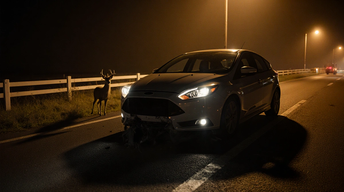 Deer standing near a Ford Focus parked on Egg Harbor Road with a broken vinyl fence.