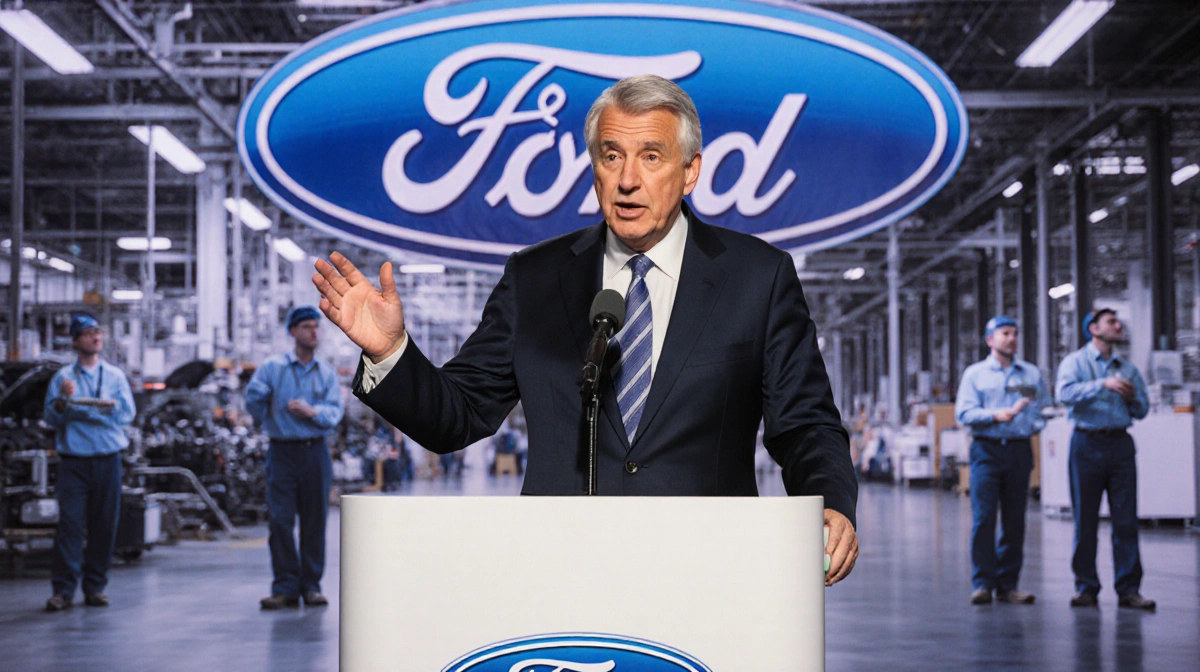 David Tovar speaking at Ford podium with microphone and factory banner behind him