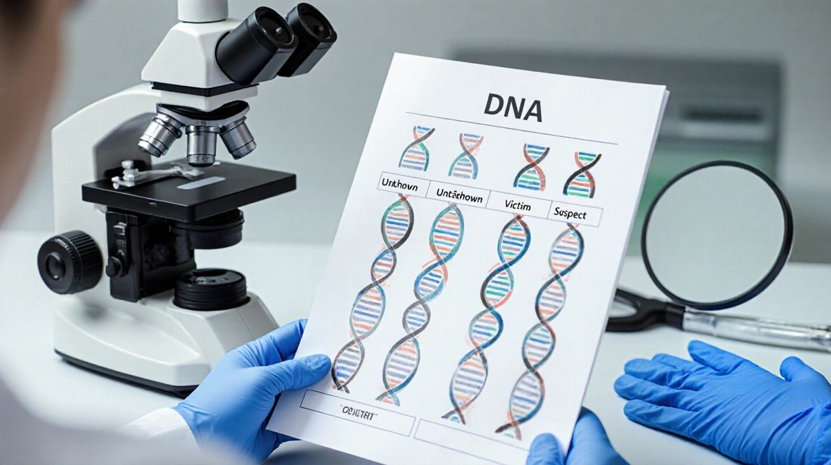 Lab technician reviewing DNA analysis report with microscope showing distinct profiles for unknown victim and suspect