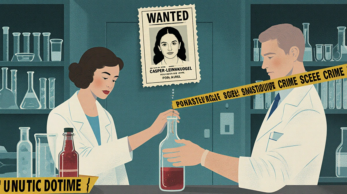 Investigators examine mysterious liquid bottle with Casper-Leinenkugel wanted poster showing forensic lab equipment