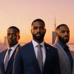 Three former NFL players standing together with a sunset city skyline and a subtle puzzle grid in the background