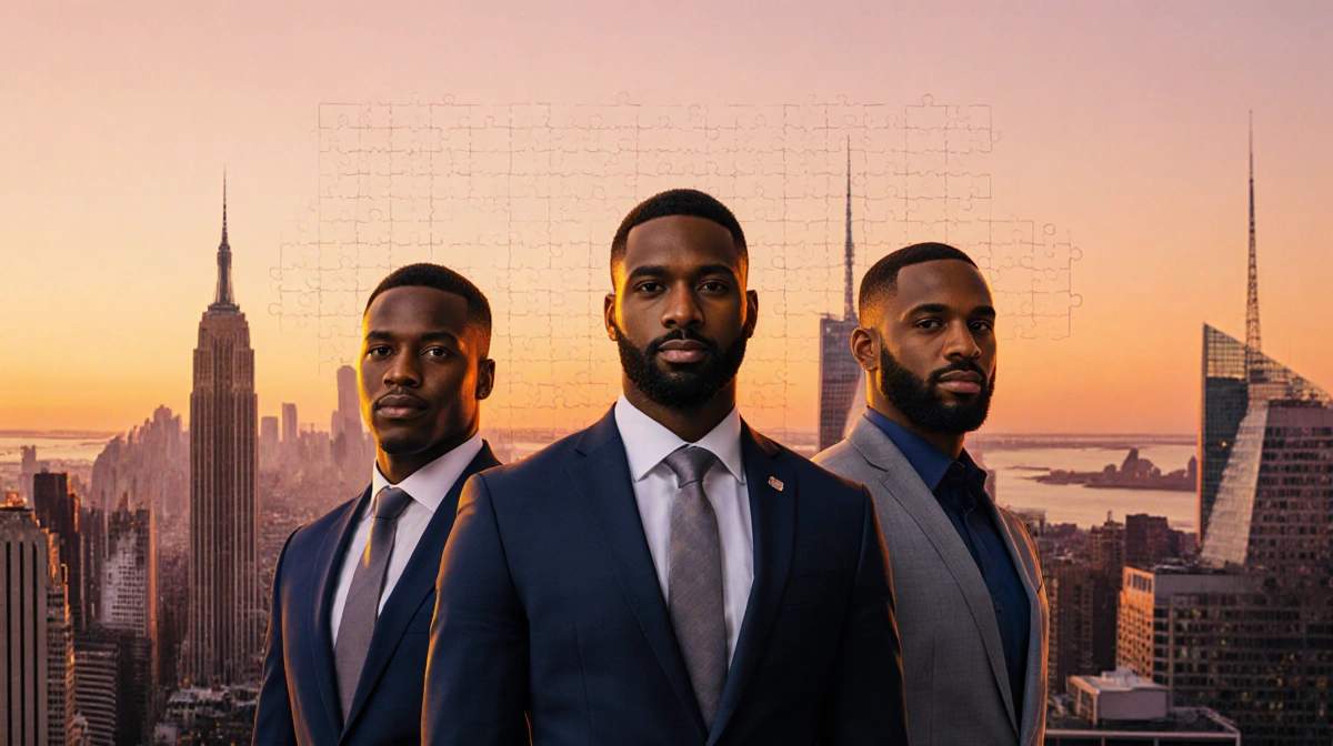 Three former NFL players standing together with a sunset city skyline and a subtle puzzle grid in the background