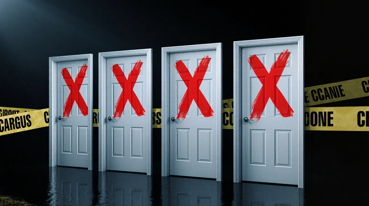 Four doors marked with red X symbols stand in grid formation with crime scene tape and shadows creating investigative atmosph
