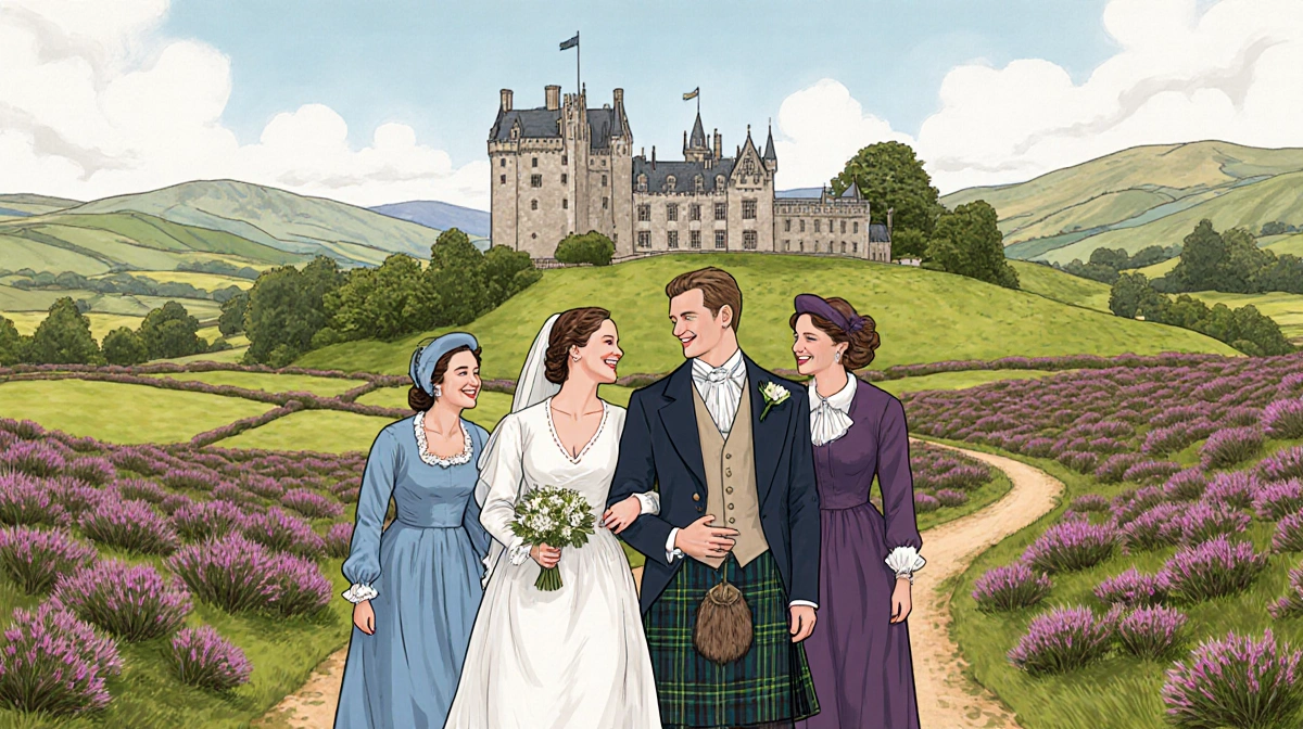 Francesca embraces Michaela with John and Eloise walking through Scottish highlands and castle behind