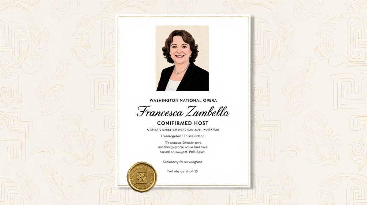 Francesca Zambello smiling on invitation card with gold seal and opera motifs for the Washington National Opera gala