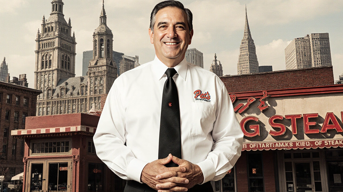 Frank Olivieri Sr stands smiling in front of Pat's King of Steaks with Independence Hall and Liberty Bell visible in Philadel