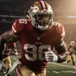 Fred Warner sprinting at practice with teammates and golden stadium lights illuminating the field