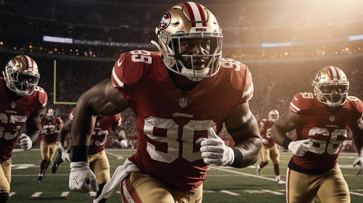 Fred Warner sprinting at practice with teammates and golden stadium lights illuminating the field