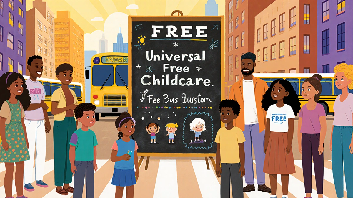 New Yorkers gather around a chalkboard poster announcing free childcare and bus system with bold typography and cityscape
