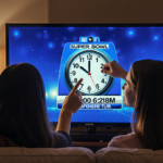 Friends pointing at TV clock during Super Bowl with puzzled face