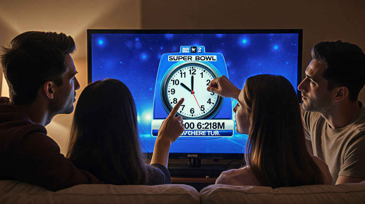 Friends pointing at TV clock during Super Bowl with puzzled face