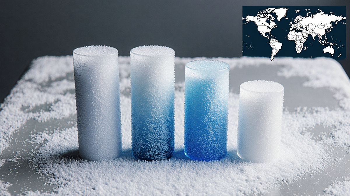 Frosted table displaying snowfall columns with icy blue hues and a faint background map.