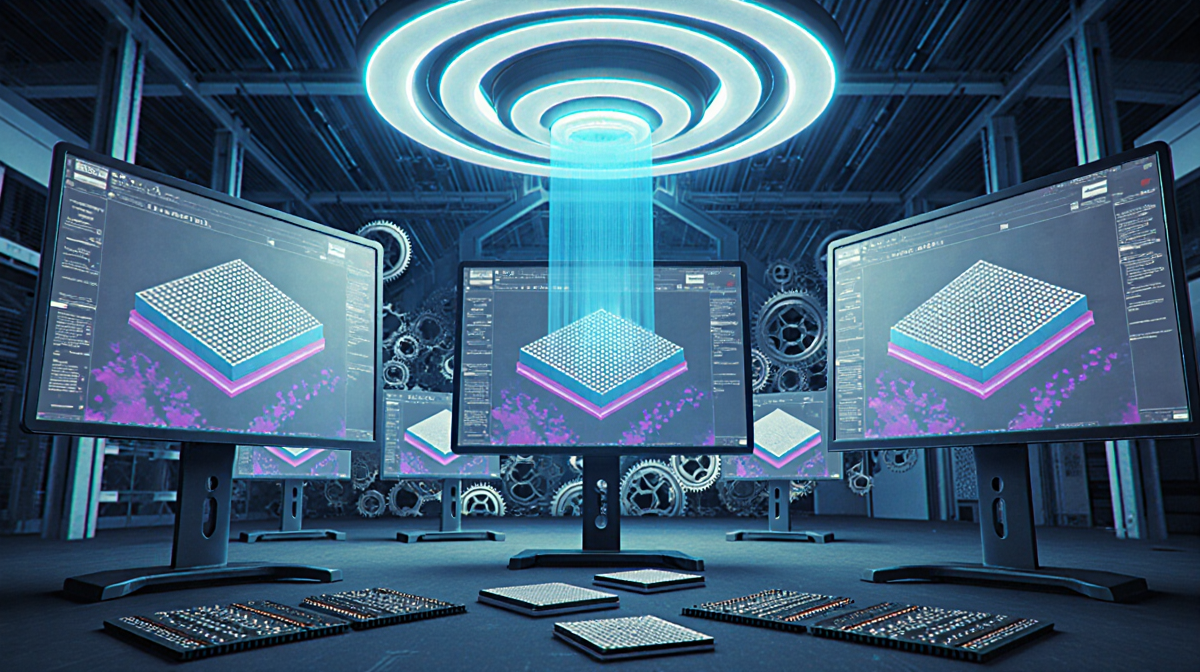 Workstations show 3D silicon layer models with blue pulsating LED above and scattered chips.
