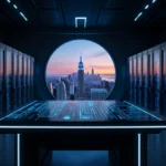 Futuristic laboratory console glowing with blue lines and servers with city skyline through circular window
