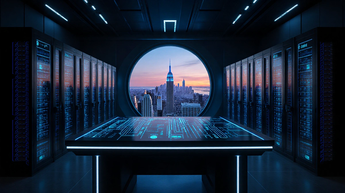 Futuristic laboratory console glowing with blue lines and servers with city skyline through circular window