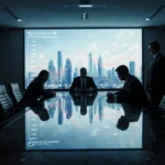 Worried executives studying financial graph on large screen with city skyline reflecting in glass wall
