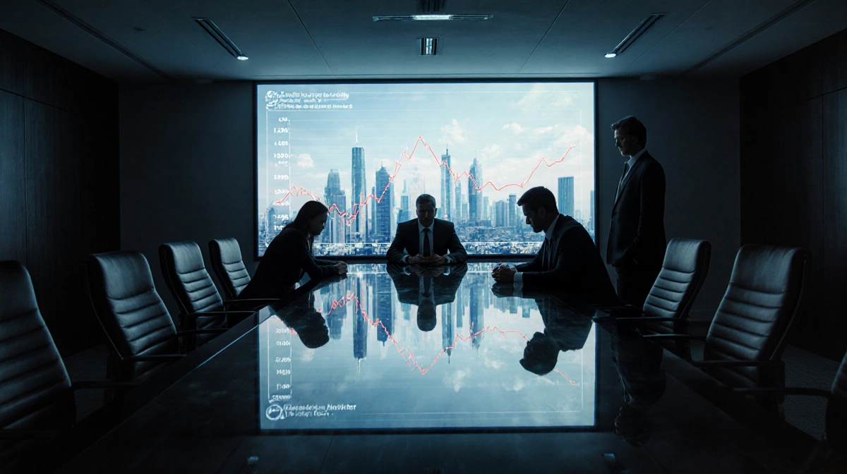 Worried executives studying financial graph on large screen with city skyline reflecting in glass wall