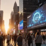 Crowds walk past towering AR billboard with glowing smartphones and sunset city skyline behind