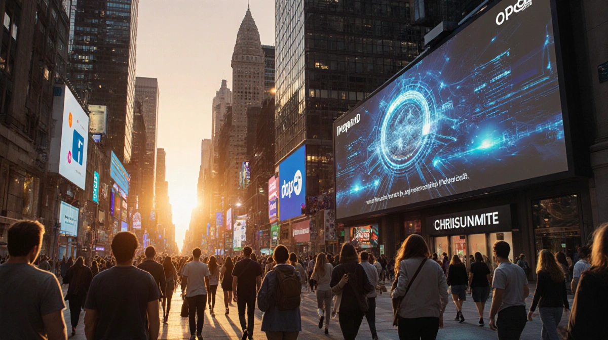 Crowds walk past towering AR billboard with glowing smartphones and sunset city skyline behind