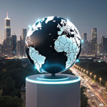 Globe emitting kinetic light energy with futuristic city skyline and LED-lit streets below.