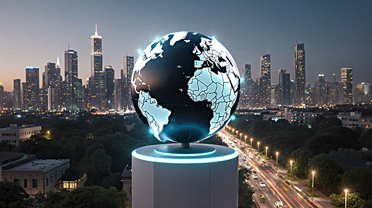Globe emitting kinetic light energy with futuristic city skyline and LED-lit streets below.