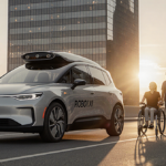 Robotaxi standing beside skyscraper with lidar sensors and raised wheels while diverse people walk nearby