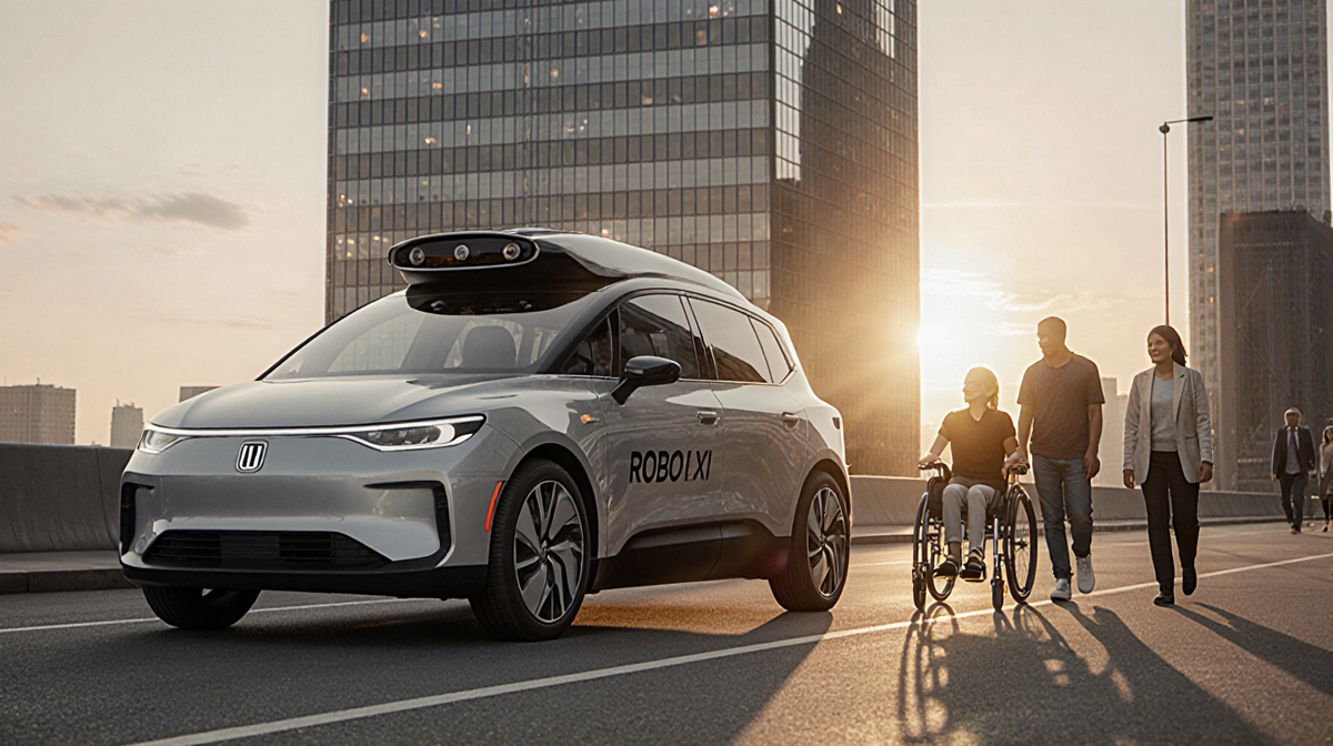 Robotaxi standing beside skyscraper with lidar sensors and raised wheels while diverse people walk nearby