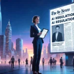 Woman standing near billboard showing AI regulations headline with tablet displaying medical insurance in future city.