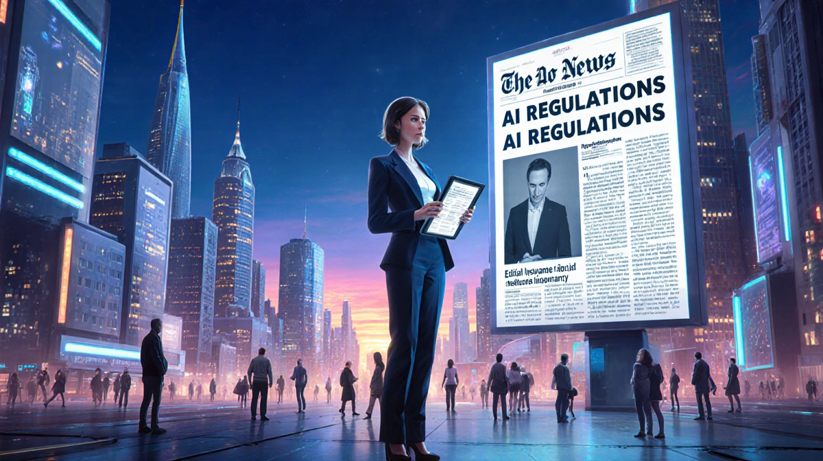 Woman standing near billboard showing AI regulations headline with tablet displaying medical insurance in future city.