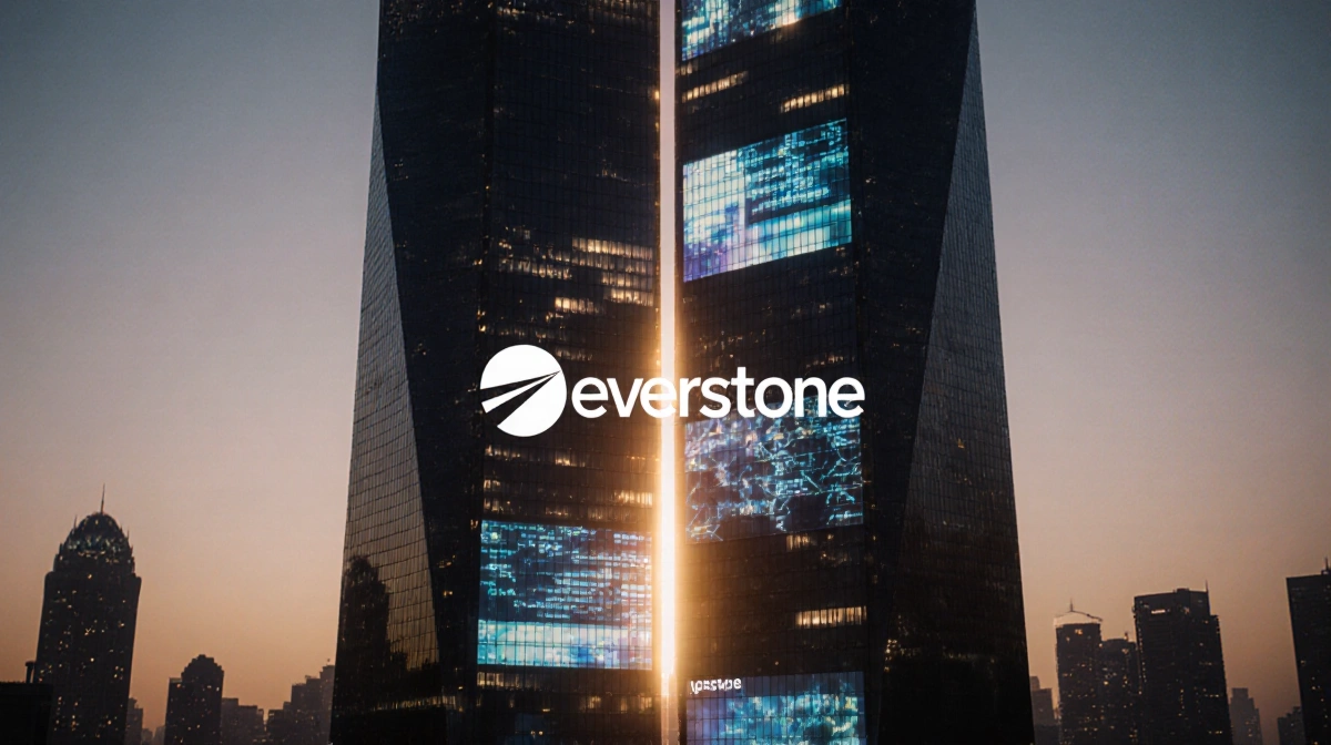 Two skyscrapers merge into one at dusk with golden light and digital screens showing engagement metrics