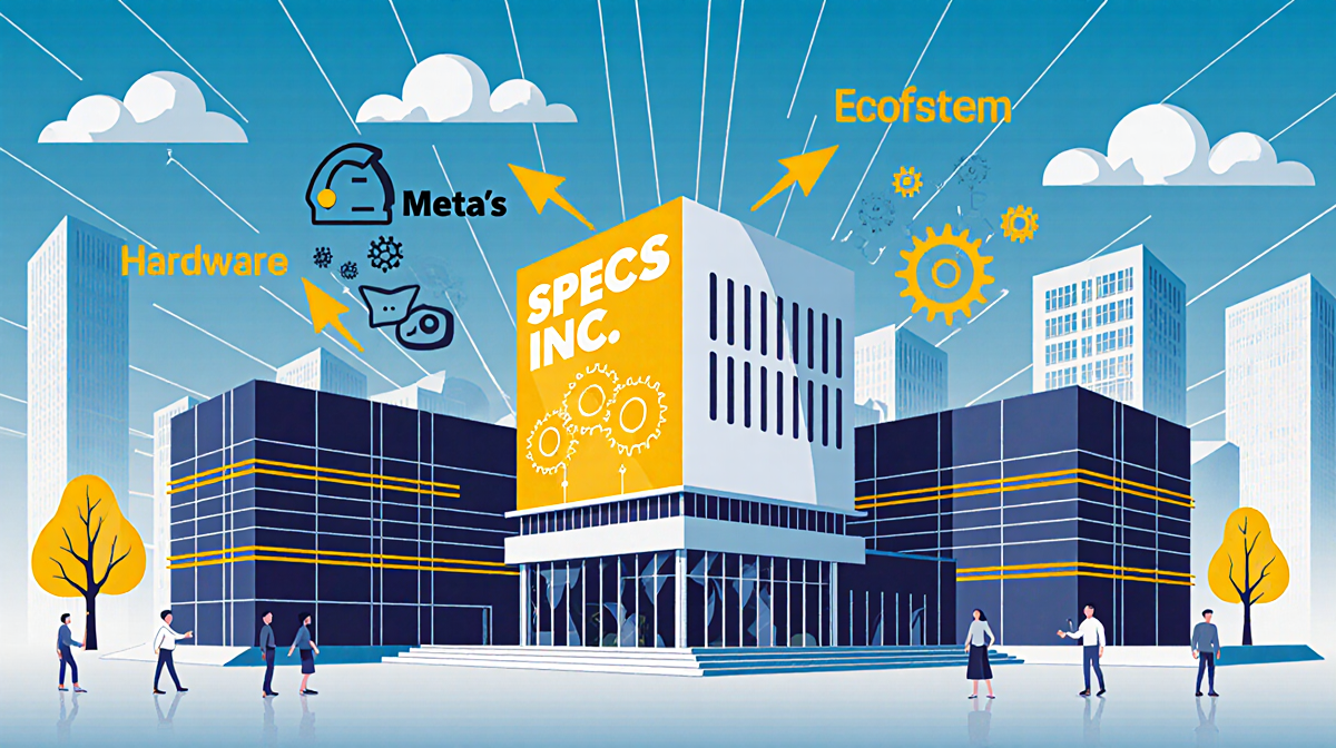 Specs Inc. building towers over hardware software and ecosystem buildings with arrows gears showing resource flow AR ambition