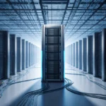Silver servers glow with blue light as massive compute units tower above the data center floor with cables spreading beneath