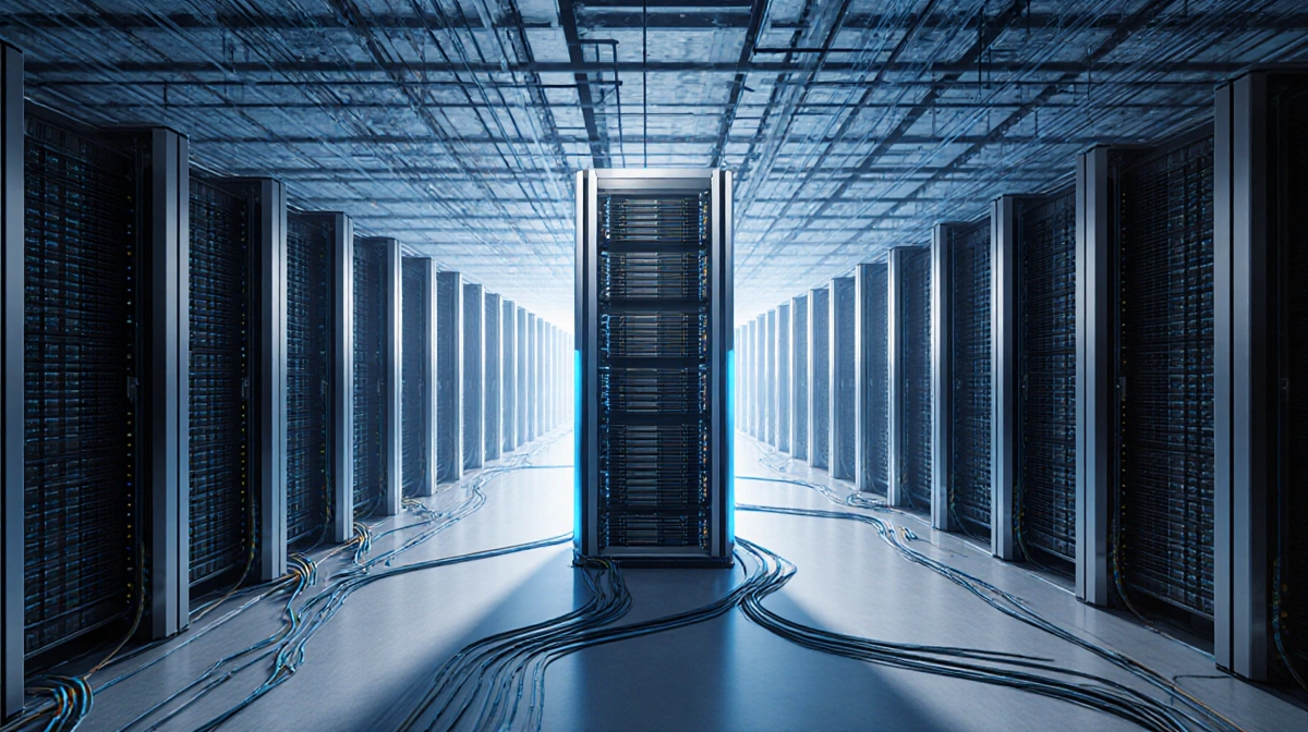 Silver servers glow with blue light as massive compute units tower above the data center floor with cables spreading beneath