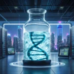 DNA strands swirl inside glass chamber with glowing server racks and neon city skyline beyond