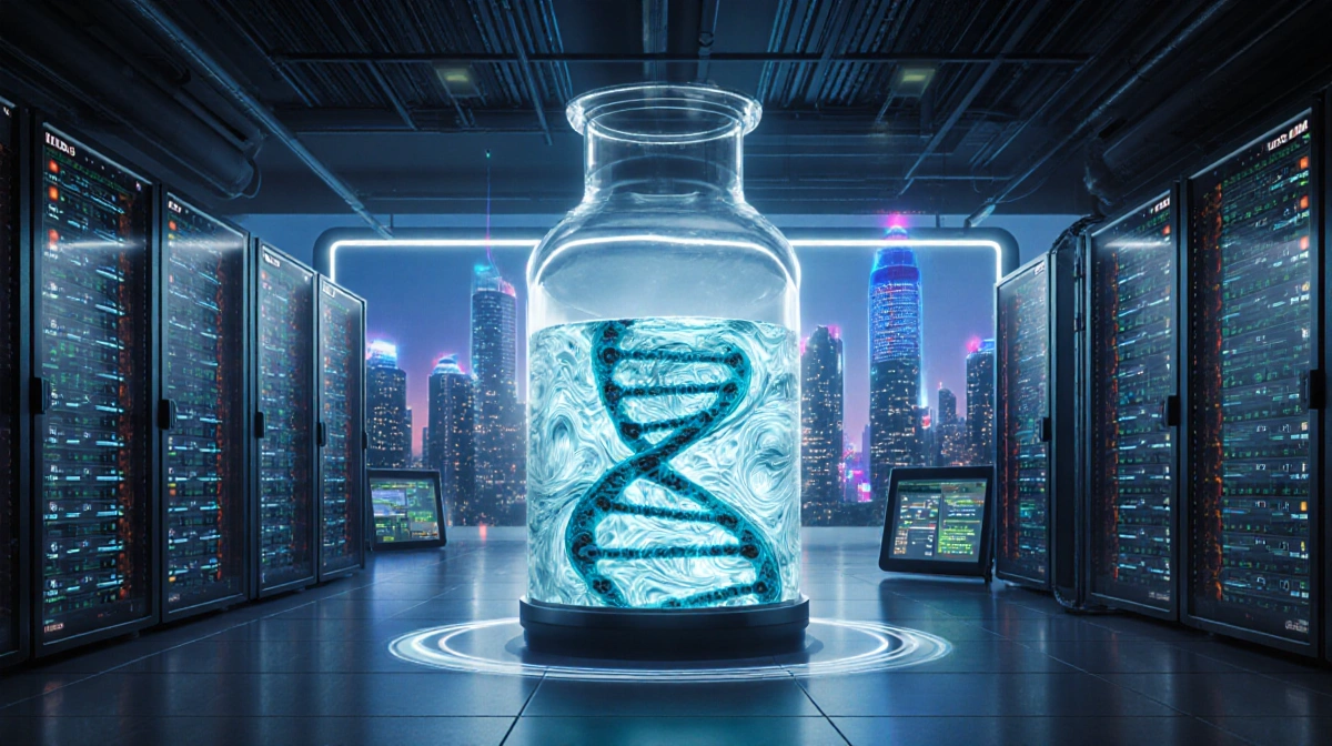 DNA strands swirl inside glass chamber with glowing server racks and neon city skyline beyond