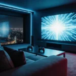 Large screen glows with Tron-like blue light with futuristic home theater set and pulsing red lights illuminating couch.