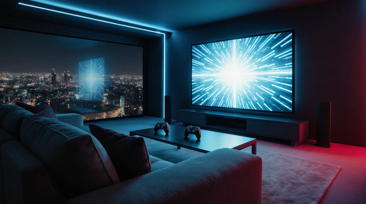 Large screen glows with Tron-like blue light with futuristic home theater set and pulsing red lights illuminating couch.