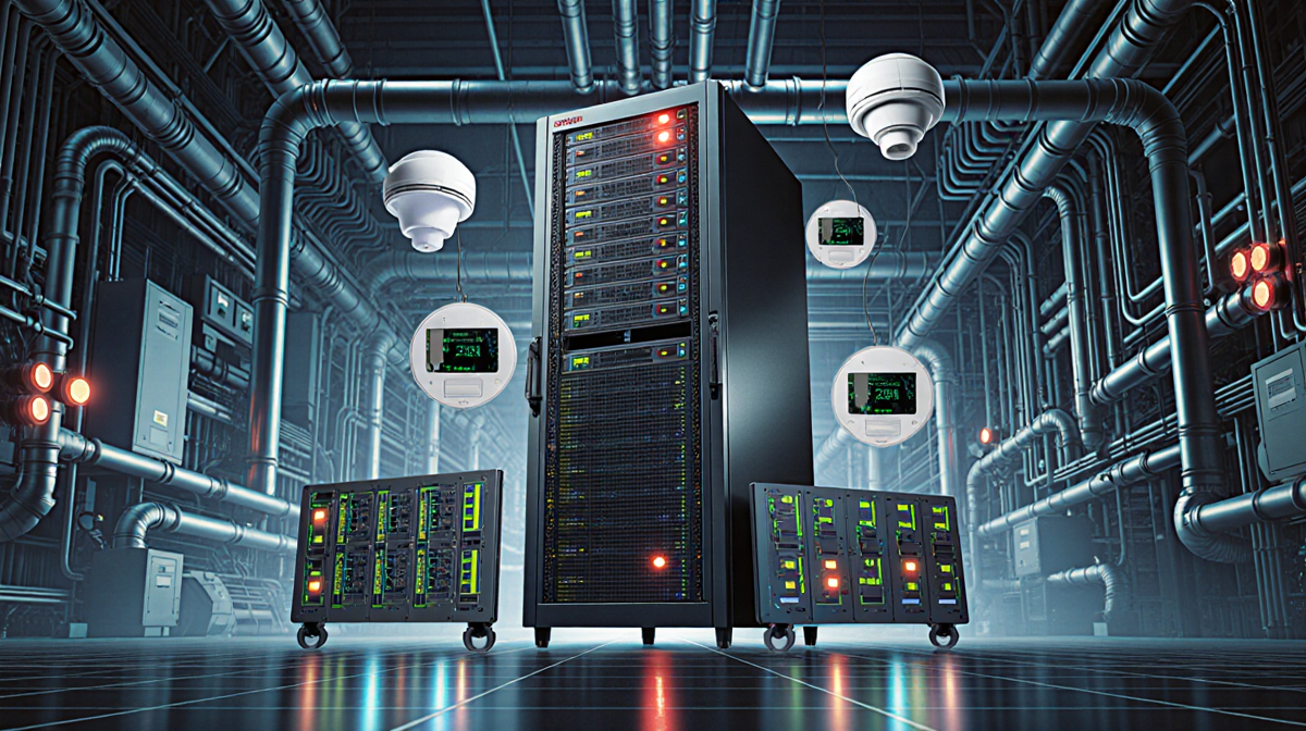 Large computer server hub displays circuitry with blinking lights and sensors against a futuristic backdrop.