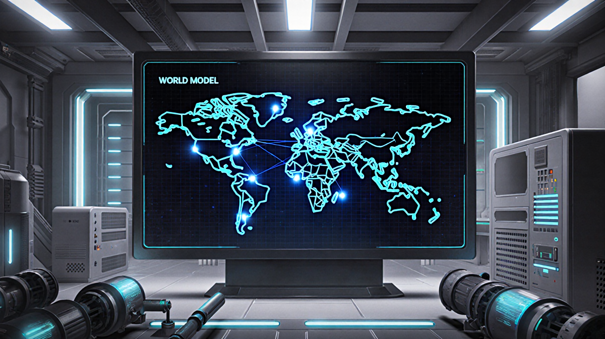 Large computer screen displaying complex network diagram with glowing blue circuits and neon lights in futuristic laboratory