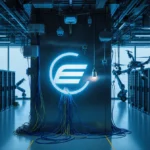 Ethernovia logo glows with bright blue lighting beside humming servers and sensors and drones hover in the background